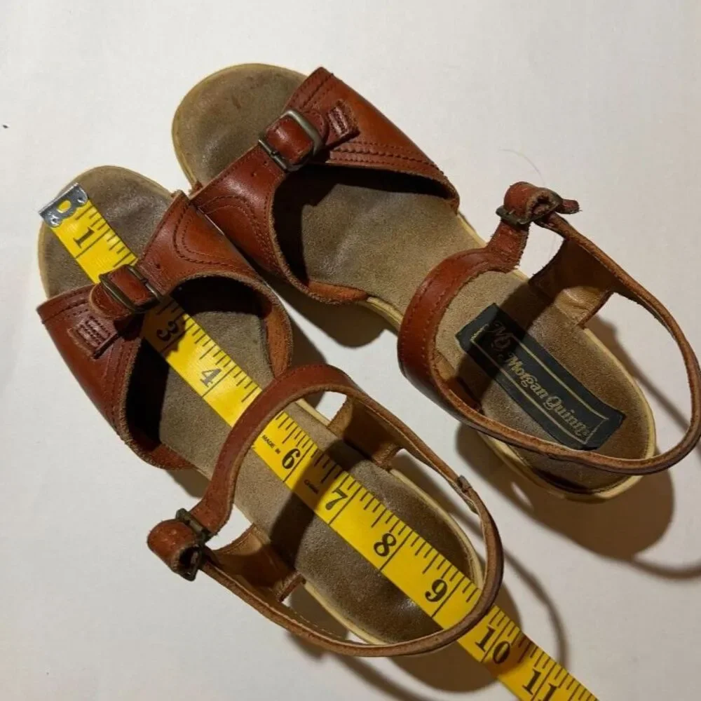 Morgan Quinn VTG 70s Platform Brown Leather Wedge Sandals 8.5 Ankle Strap Buckle - Picture 9 of 9